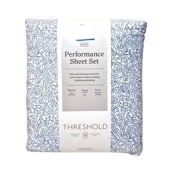 King Printed Performance 400 Thread Count Sheet Set Blue Floral - Threshold NEW - Picture 1 of 5
